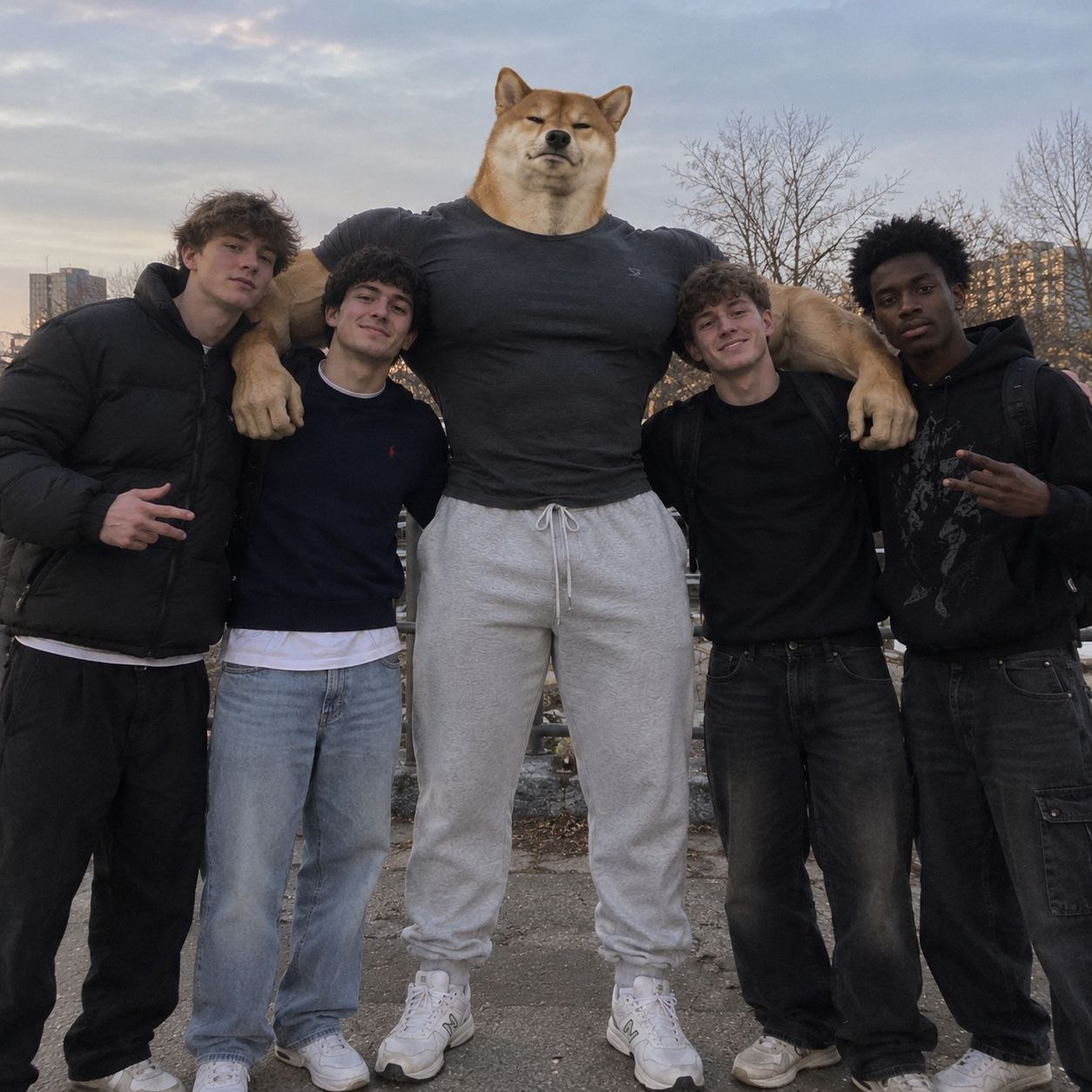 A towering Mog Inu with his arms around four friends.