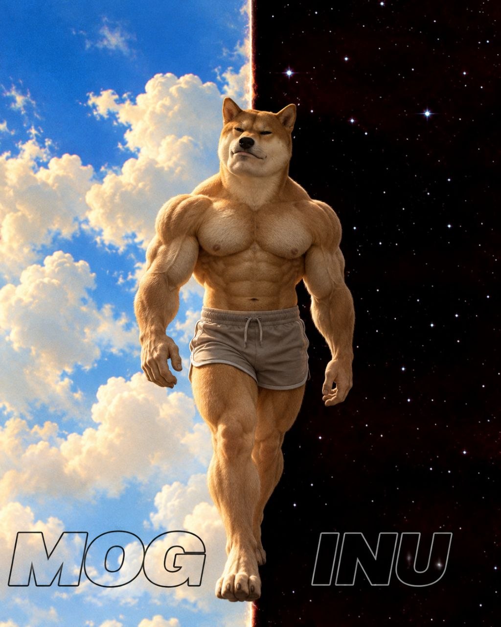 Mog Inu walking between a blue sky and deep space.