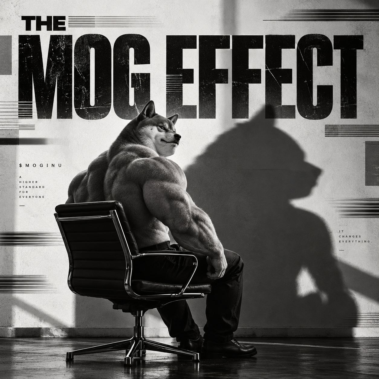 Poster: The Mog Effect. Mog Inu seated, casting a huge shadow.