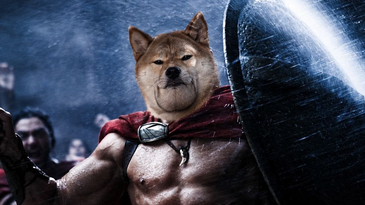 Mog Inu as a Spartan warrior in the rain.